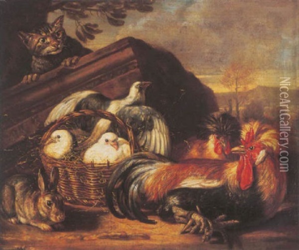 Chickens With Doves In A Basket And A Rabbit By A Partially Ruined Cornice, A Cat Looking On Oil Painting - David de Coninck