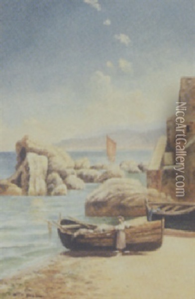 Kystparti Fra Capri Med Kvinde Ved Bad Oil Painting - Holger Hvitfeldt Jerichau
