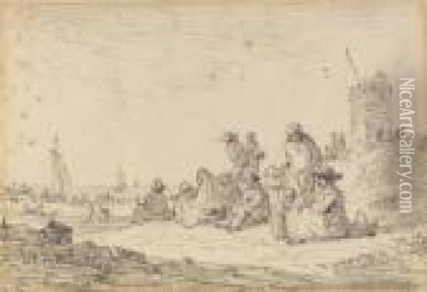 Figures Seated Among Dunes, A Tower To The Right, Ships Drawn Up On The Beach Beyond Oil Painting - Jan van Goyen