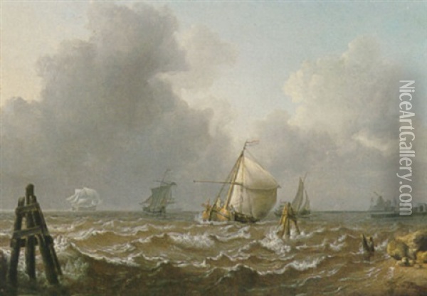 Dutch Men Of War And Barges Off The Coast In A Breeze Oil Painting - Charles Martin Powell