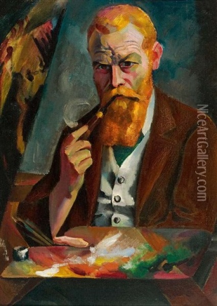 O.t. (selbstportrat Mit Palette) Oil Painting - August Heitmueller