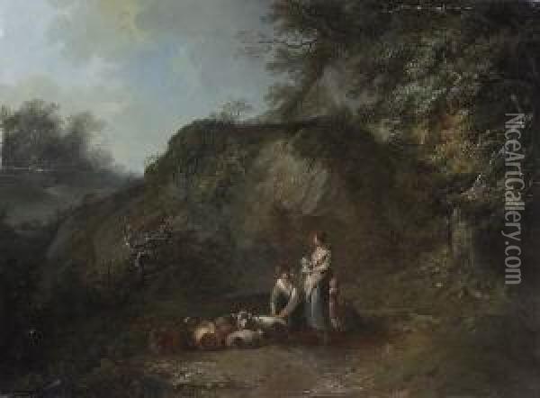 Hirtenfamilie Mit Schafen In Einem
 Felsigen Tal. Oil Painting - Heinrich Wust