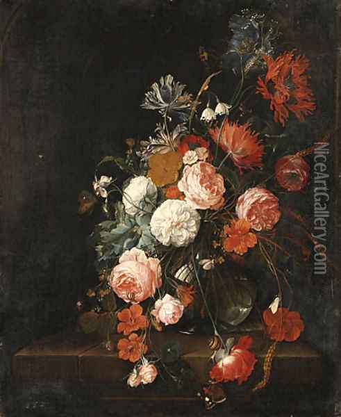 Roses, Poppies, Ears of Corn and other Flowers in a glass Vase, with Snails, a Moth, a Spider and a Butterfly on a stone Ledge Oil Painting - David Cornelisz. de Heem