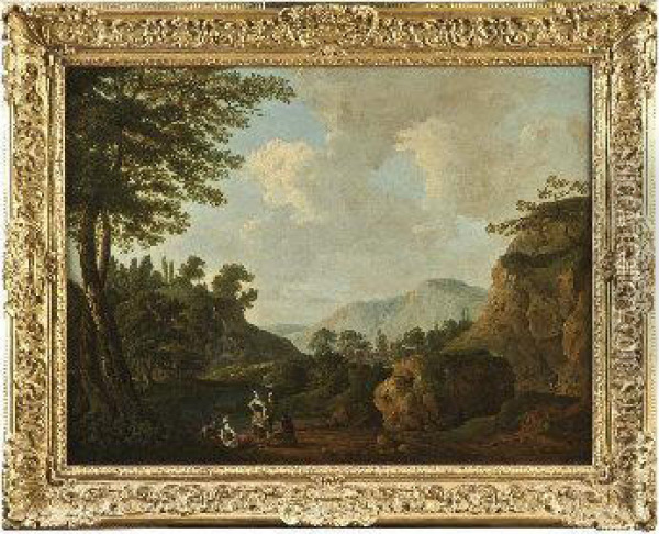 Rocky River Landscape With Figures Oil Painting - George Cuitt