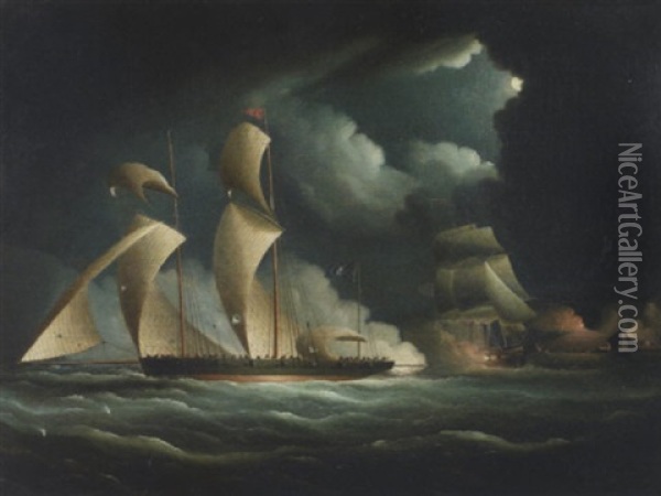 Privateer In Pursuit Off Volcanic Mountain Oil Painting - Thomas Buttersworth