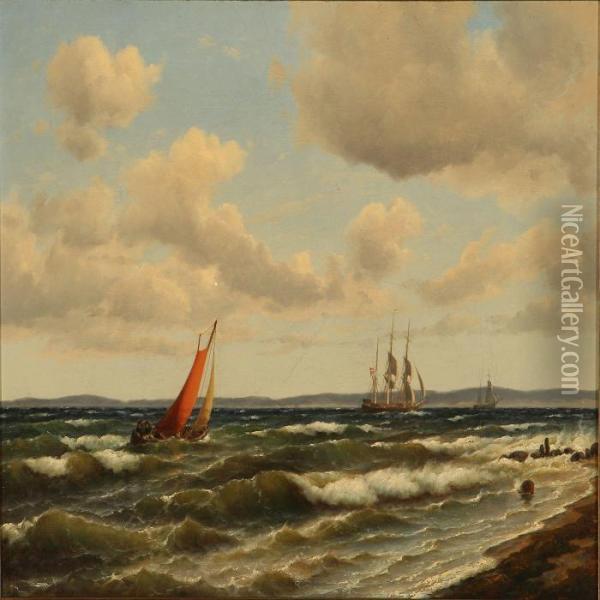 Coastal Scene With A Three-masted Schooner And Other Sailing Ships Oil Painting - Carl Ludwig Bille