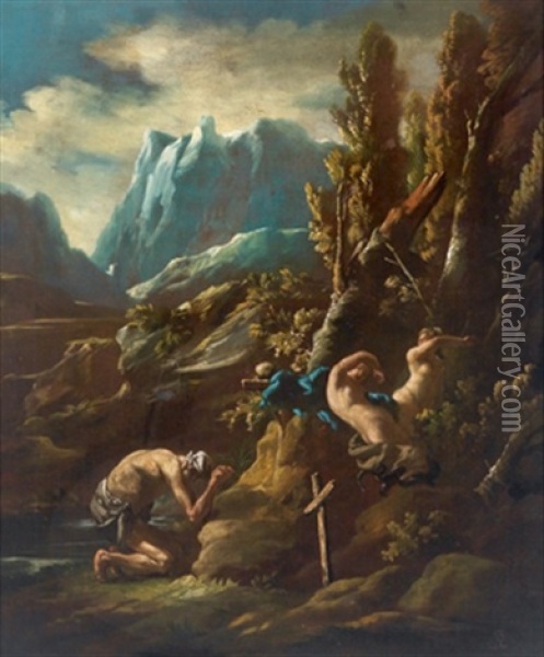 Paesaggio Roccioso Con Figure (in Collab. W/alessandro Magnasco) Oil Painting - Sebastiano Ricci