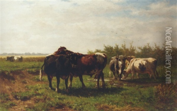 Les Paturages Hollandaises: Cattle In A Meadow Oil Painting - Johannes Hubertus Leonardus de Haas