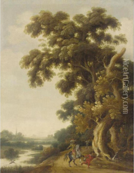 A Wooded Landscape With A Cavalier And A Dog Oil Painting - Joachim Govertsz. Camphuysen