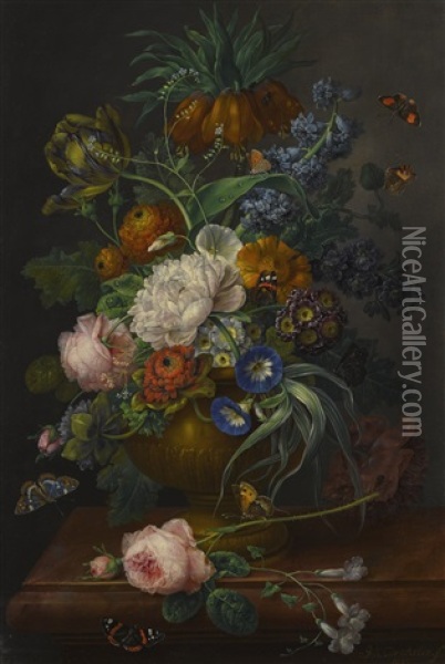 Still Life Of Flowers In An Urn In A Stone Niche Oil Painting - Johann Baptist Drechsler