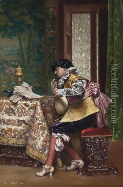 The Mandolin Player Oil Painting - Adolphe-Alexandre Lesrel