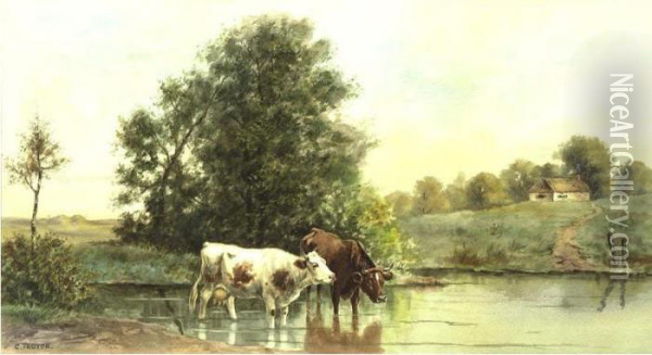 Cattle Watering Oil Painting - Constant Troyon