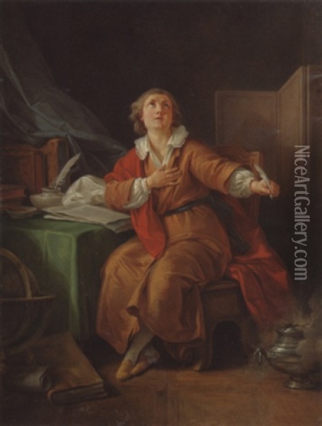 Portrait Of Marie-joseph Chenier, A Quill In His Left Hand Oil Painting - Jean Baptiste Huet