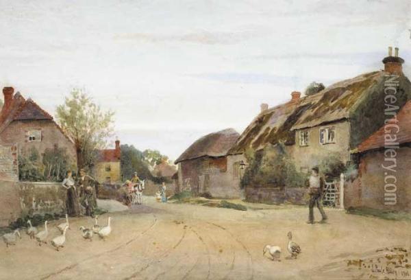 English Village Scene Oil Painting - Joseph Poole Addey