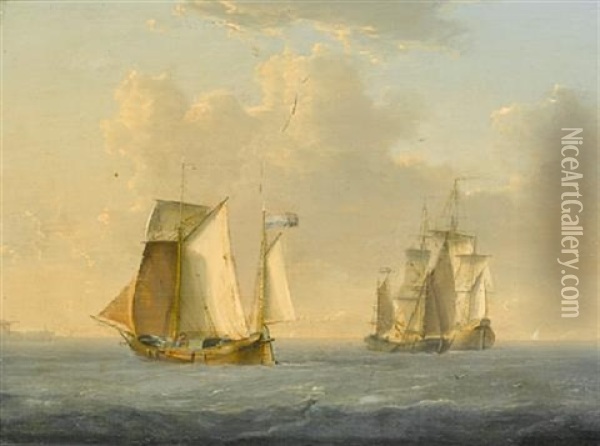 Dutch Hoys Servicing A Merchantman Offshore (+ Traders Drying Their Sails In A Calm Offshore; Pair) Oil Painting - William Anderson