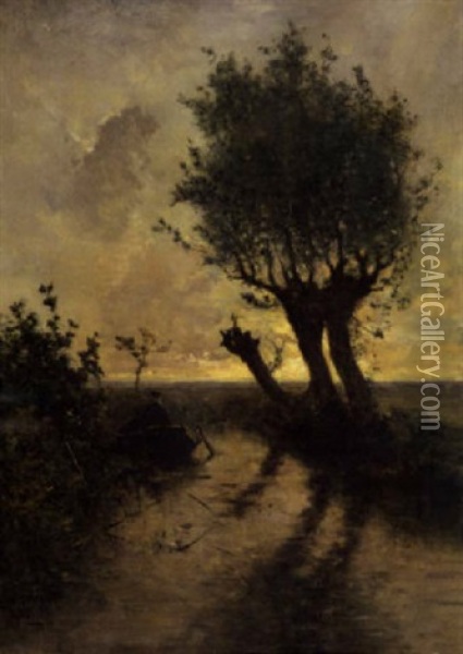 Polderlandschap Met Visser In Een Bootje Oil Painting - Paul Joseph Constantin Gabriel