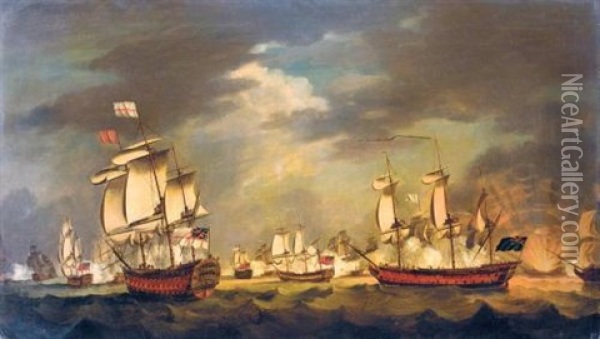 A Naval Engagement (the Moonlight Battle: The Battle Of Cape St Vincent, 16th January 1780?) Oil Painting - Francis Holman