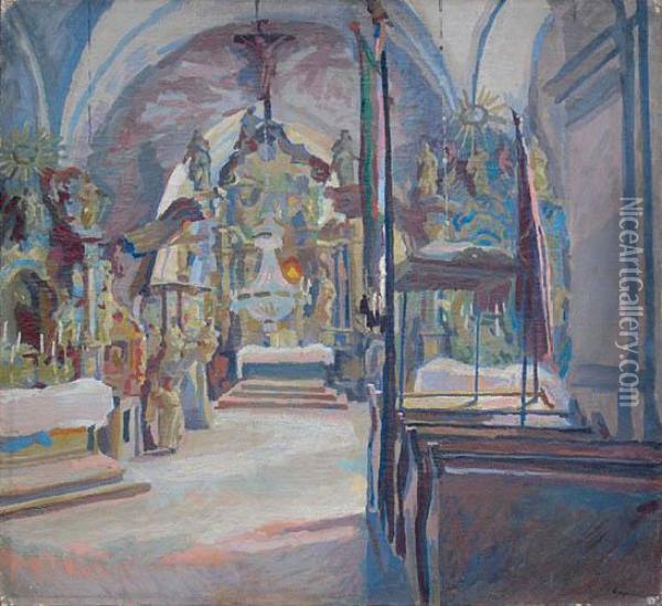 Wnetrze Kosciolka We Frydmanie. 1919 Oil Painting - Stanislaw Kamocki