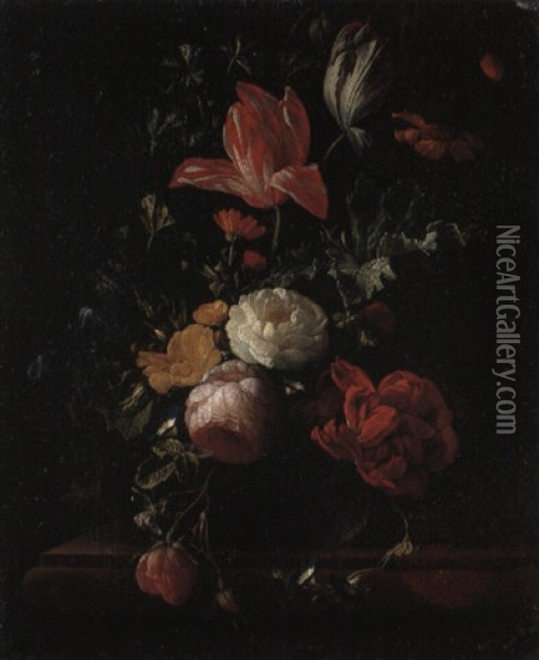 Pink And Red Roses And Other Flowers In A Vase On A Ledge Oil Painting - Elias van den Broeck