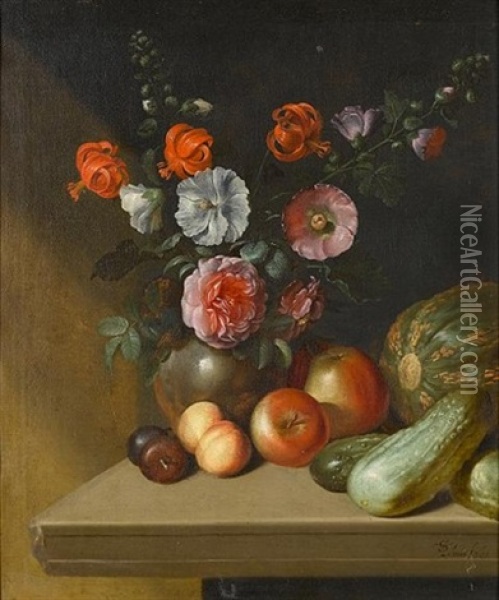 Roses, Delphiniums, Red Turban Cap Lillies And Other Flowers In A Pewter Vase With Apples, Plums And Marrows On A Stone Ledge Oil Painting - Simon Peter (Schenck) Tilemann