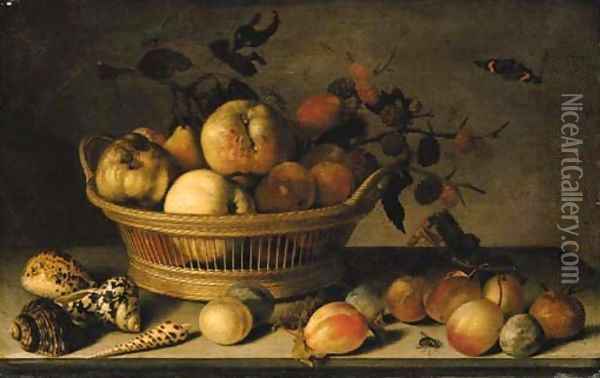 Apples, pears and a branch of mulberries in a basket, with plums, shells, a wasp, a Red Admiral, a grasshopper, a caterpillar and a fly on a ledge Oil Painting - Balthasar Van Der Ast