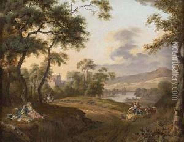 A Wooded Country Path With Figures Picnicing And An Amorous Coupletending Sheep Oil Painting - Claude Louis Chatelet