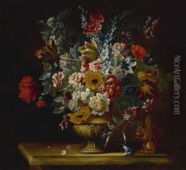 Still Life With Flowers In A Footed Vase With A Squirrel On A Table Oil Painting - Jakob Bogdani