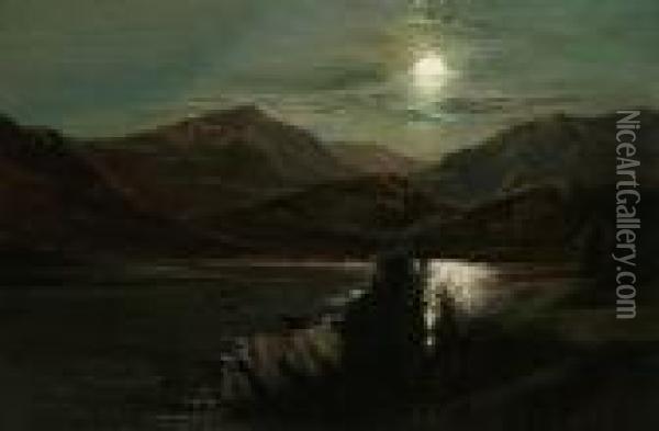 A Moonlit Loch Oil Painting - Charles Leslie