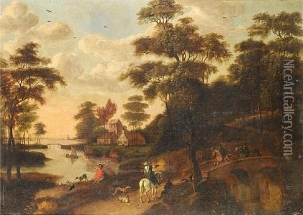 Horsemen Crossing A Bridge Before A Coastal Landscape Oil Painting - Willem van Drielenburch