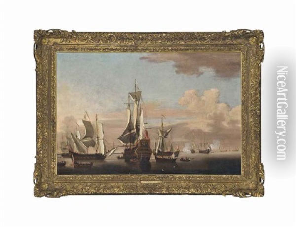 English Ships With Sails Loosed Oil Painting - Peter Monamy