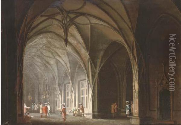 Cavaliers Conversing In A Gothic Atrium; And A Prisoner In A Dungeon Oil Painting - Josef Platzer