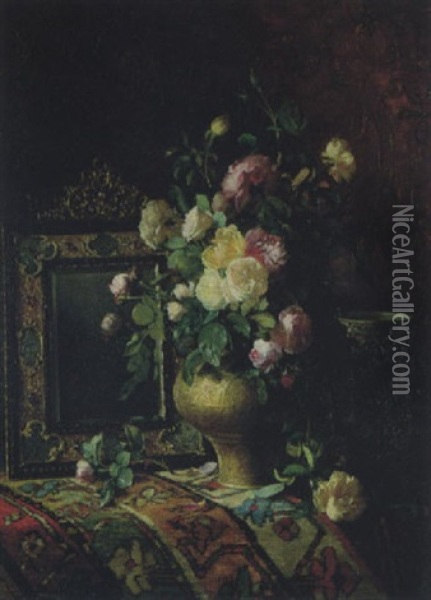 Nature Morte Au Bouquet De Roses Dans Un Vase Ottoman Et Iznik Oil Painting - Dominique Hubert Rozier