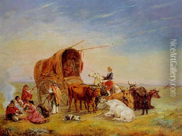Indios Und Gauchos In Der Pampa, Mit Ihrem Vieh Um Einen Planwagen Gruppiert Oil Painting - Otto Grashof