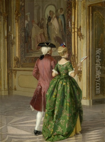 Elegantes Paar In Rokokokostumen Durchschreitet Den Festsaal Des Palazzo Crotta In Venedig Oil Painting - Ferdinando Brambilla