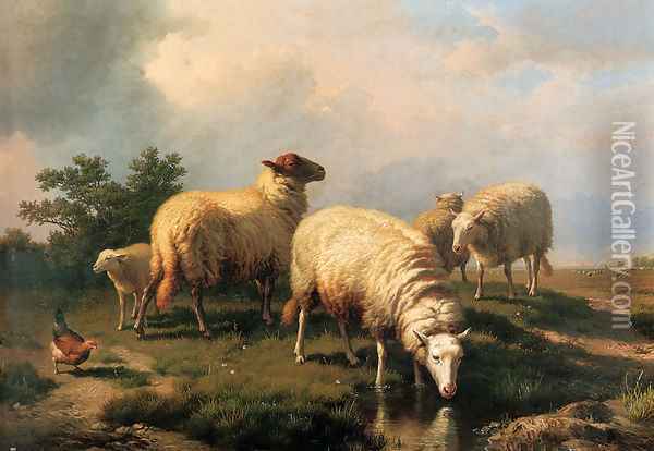 Sheep And A Chicken In A Landscape Oil Painting - Eugene Verboeckhoven