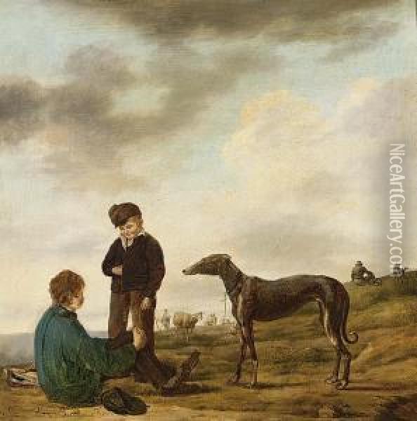 Young Hunters And A Greyhound Oil Painting - Jan Van Bellingen