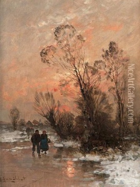Winter Landscape With Figures On A Frozen River Oil Painting - Johann Jungblut