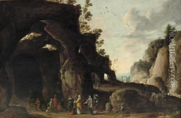 An Elegant Company Arriving At A
 Grotto Where A Religious Service Is Taking Place, A Rocky Landscape 
Beyond Oil Painting - Joos De Momper