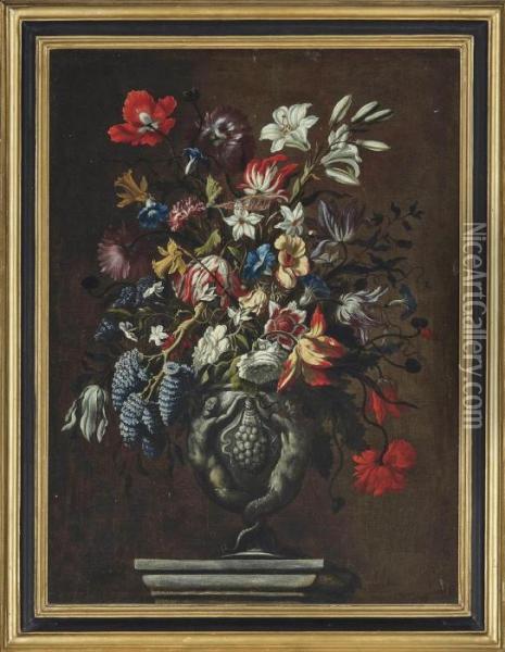 Tulips, Carnations, Narcissi, 
Poppies, Jasmin, Convulvulus And Other Flowers In A Sculpted Urn On A 
Plinth Oil Painting - Mario Nuzzi Mario Dei Fiori