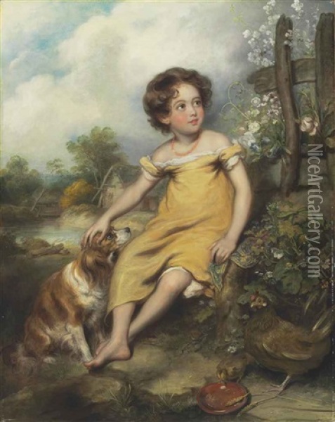 Portrait Of Miss Jemima Whiting, Full-length, Seated, In A Yellow Dress With A Spaniel Oil Painting - Arthur William Devis