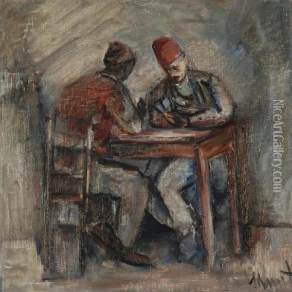 Men Playing Cards Oil Painting - Menachem Schmidt Shemi