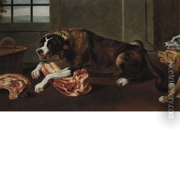 A Hound Guarding His Bone In A Larder Oil Painting - Juriaen Jacobsen