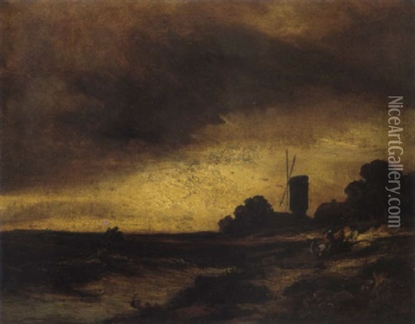 Abendliche Montmartrelandschaft Mit Heimkehrendem Bauerngefahrt Und Windmuhle Oil Painting - Georges Michel