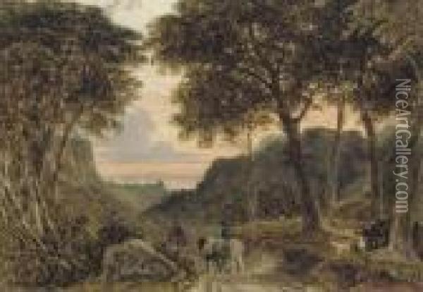 A Wooded Landscape With Travellers At Sunset Oil Painting - George Cuitt