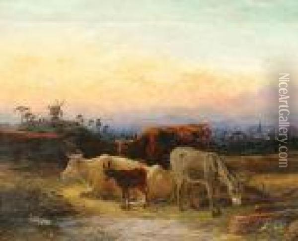 Cattle And Donkeys At Sunset Oil Painting - Robert Henry Roe