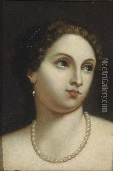 A Portrait Of A Young Woman With A Pearl Necklace Oil Painting - Tiziano Vecellio (Titian)