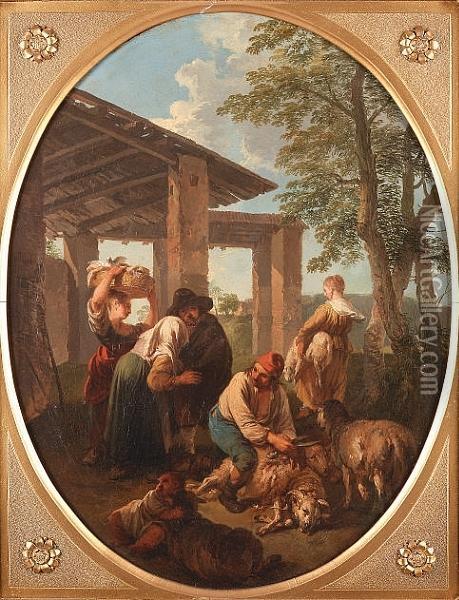 Peasants Sheep-shearing In An Italianate Landscape Oil Painting - Andrea Locatelli