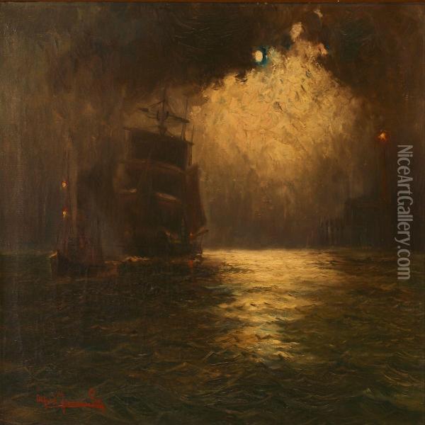 Seascape With Sailingships At Sea In Moonlight Oil Painting - Alfred Jensen