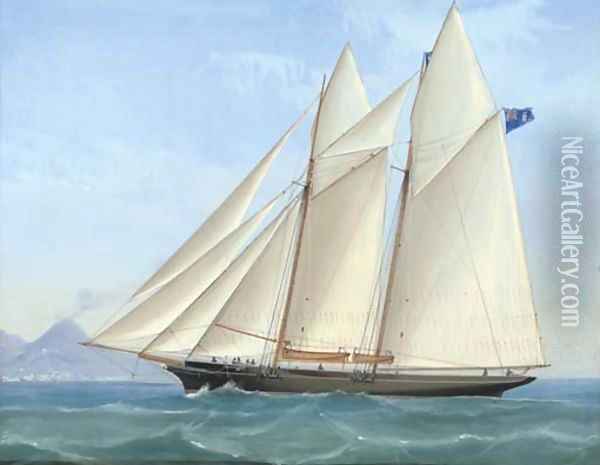 A Royal London Yacht Club racing schooner in Neapolitan waters Oil Painting - Antonio de Simone