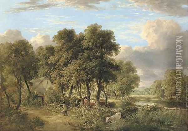 On the Yare a wooded river landscape with cattle, a figure and a cottage Oil Painting - James Stark